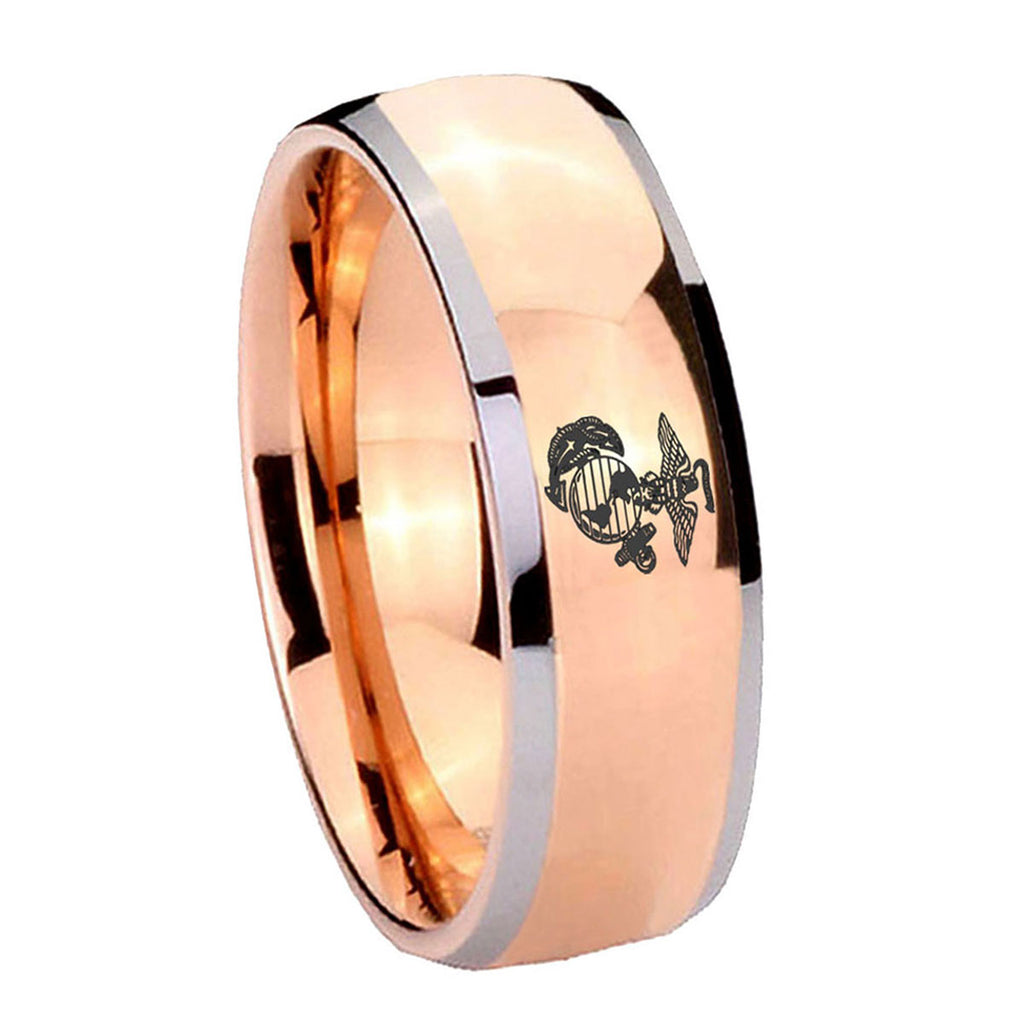 8mm Marine Dome Rose Gold Tungsten Mens Ring Personalized
