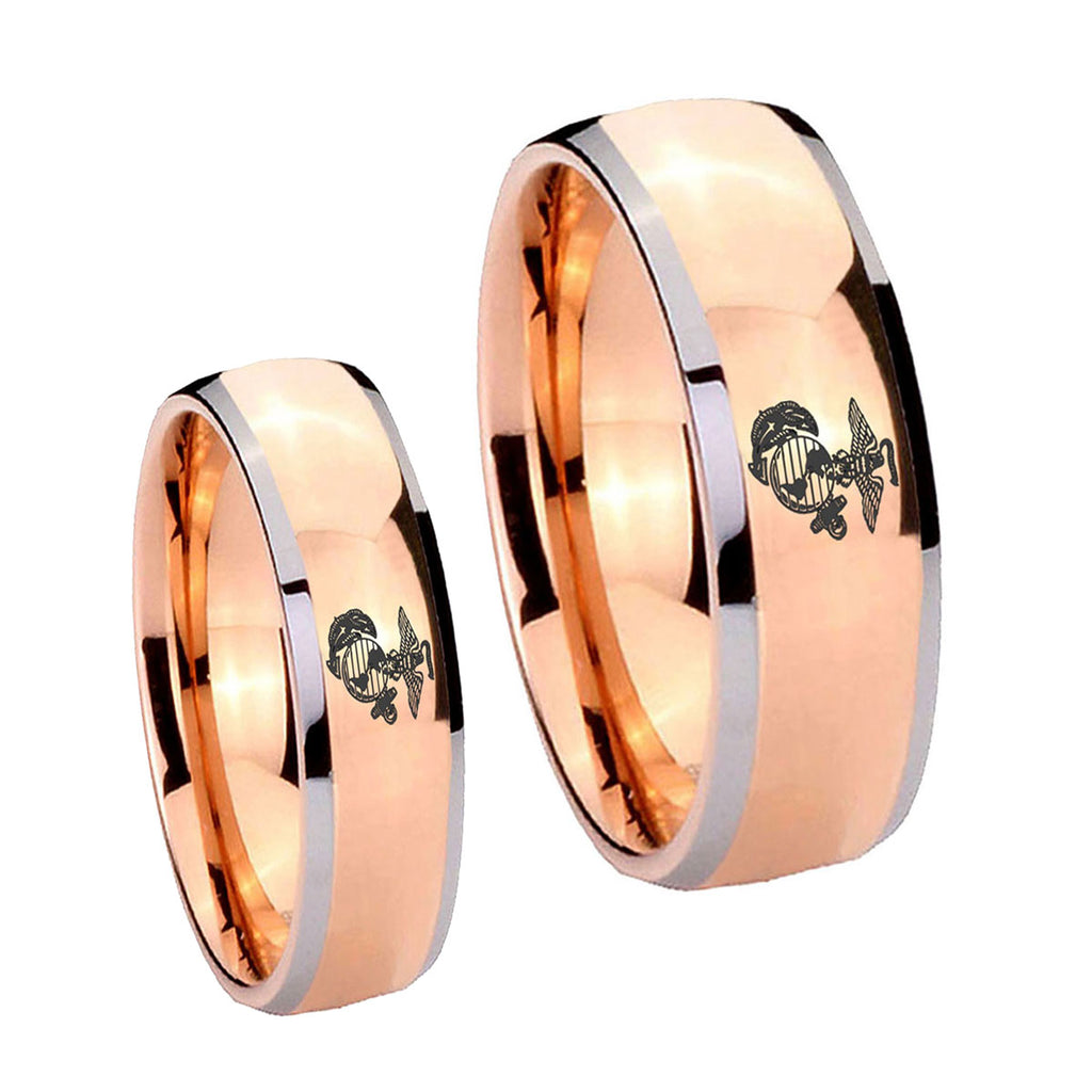 Marine Dome Rose Gold Tungsten Wedding Ring Set