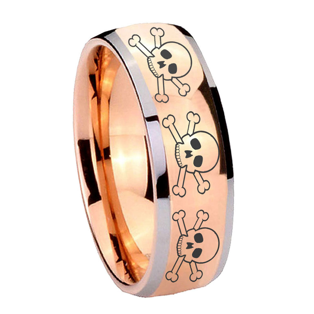 8mm Multiple Skull Dome Rose Gold Tungsten Mens Wedding Ring