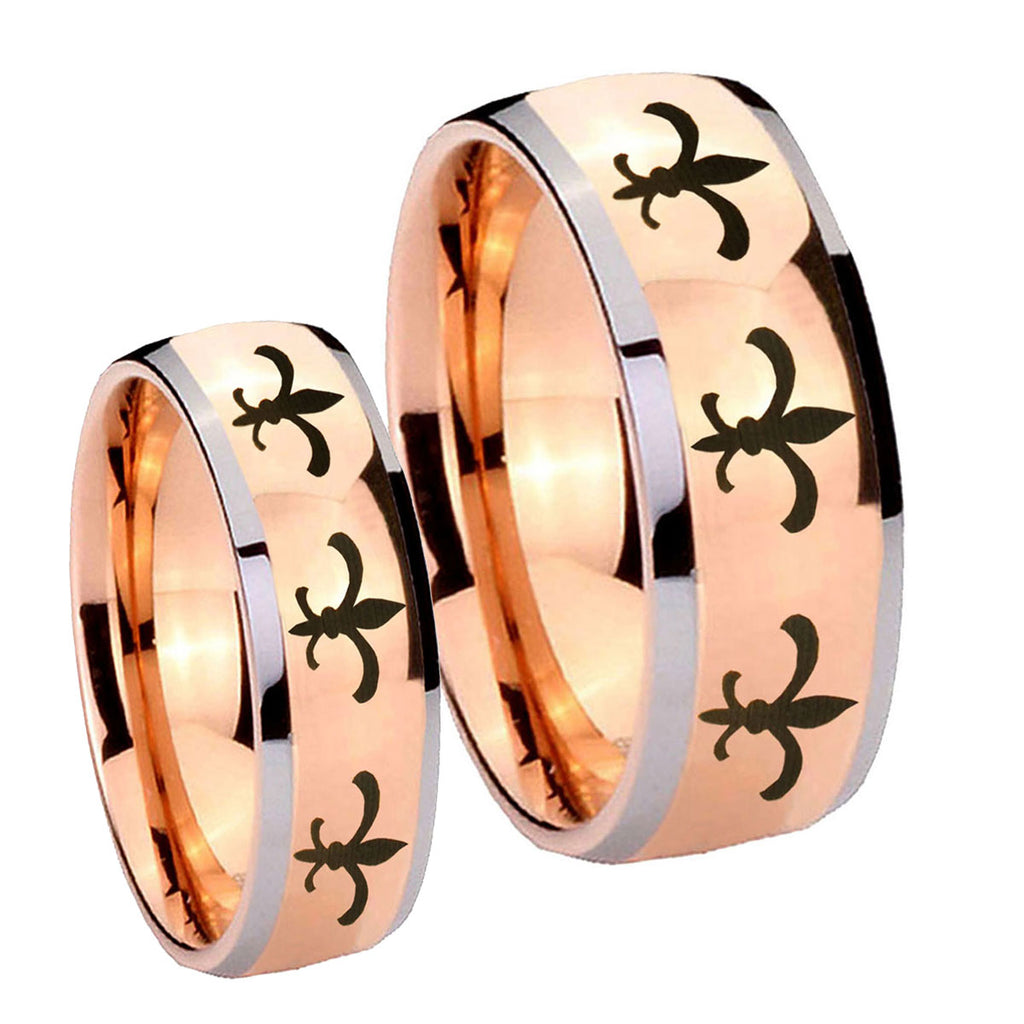 Multiple Fleur De Lis Dome Rose Gold Tungsten His and Hers