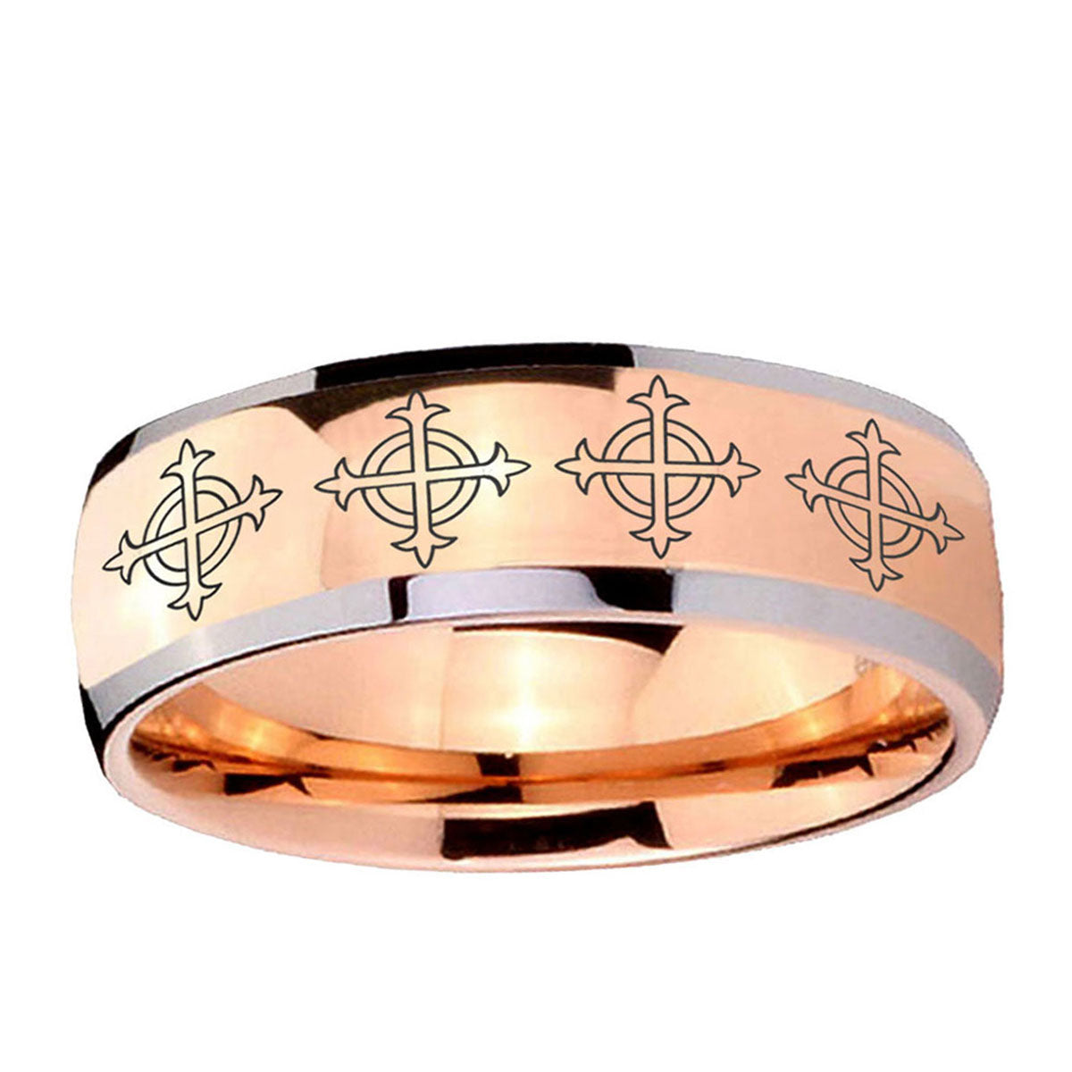 5mm Multiple Crosses Dome Rose Gold Tungsten Ring