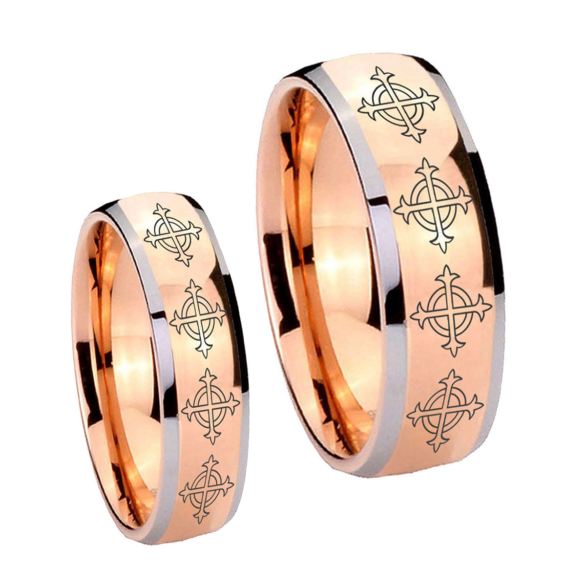 Multiple Crosses Dome Rose Gold Tungsten Mens Ring Set
