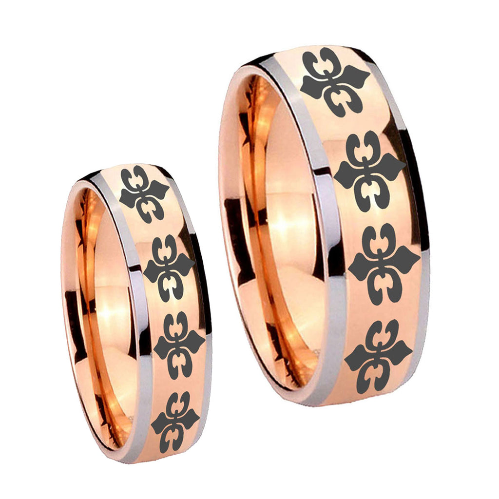 Multiple Fleur De Lis Dome Rose Gold Tungsten Matching Ring Set