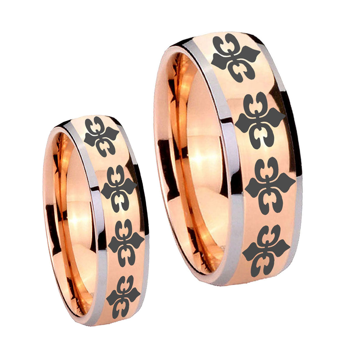 Multiple Fleur De Lis Dome Rose Gold Tungsten Matching Ring Set