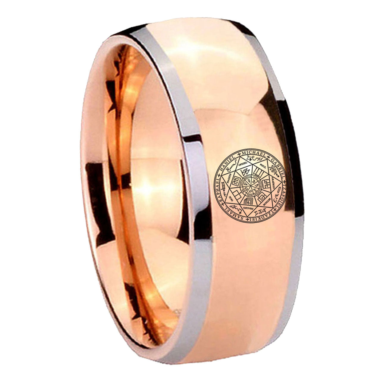 8mm Seal of Seven Archangel Dome Rose Gold Tungsten Bands