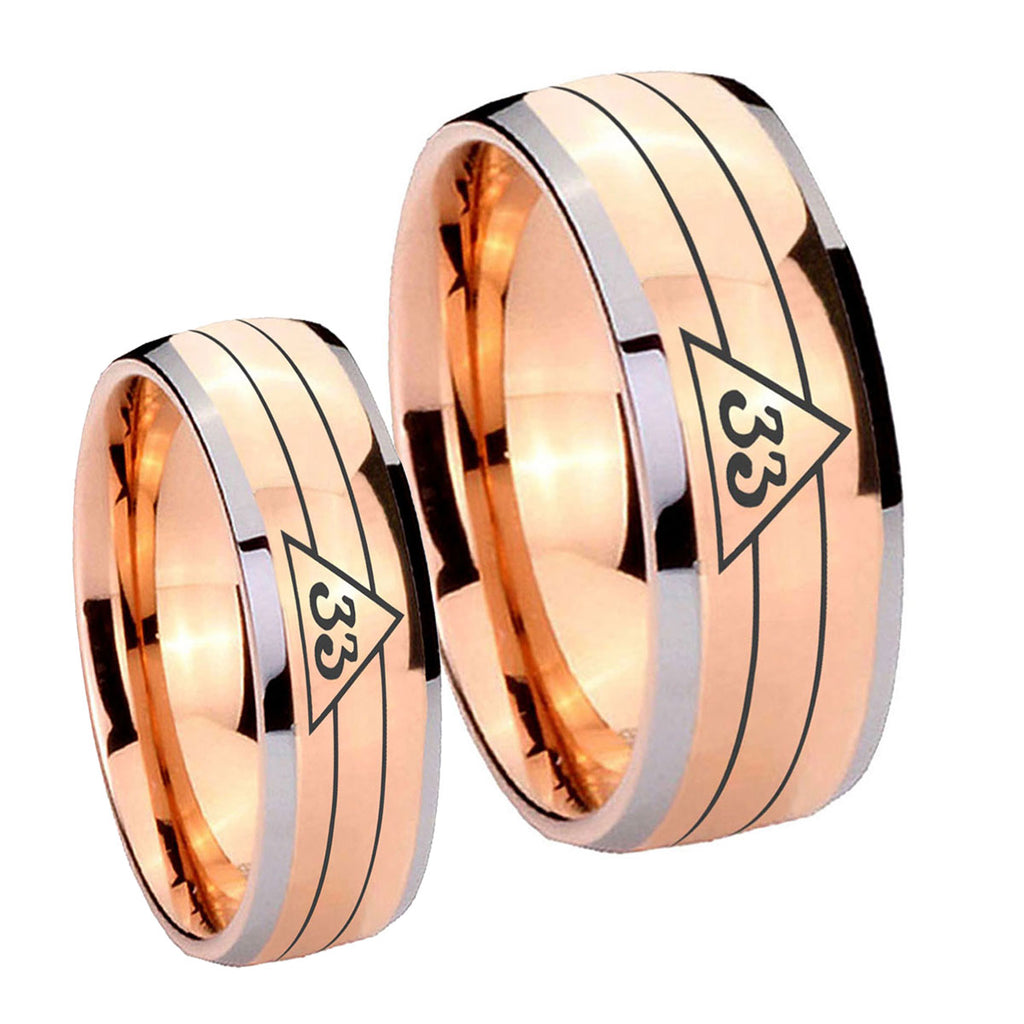Masonic 32 Duo Line Freemason Dome Rose Gold Tungsten Wedding Band Set