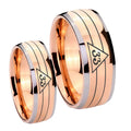 Masonic 32 Duo Line Freemason Dome Rose Gold Tungsten Wedding Band Set