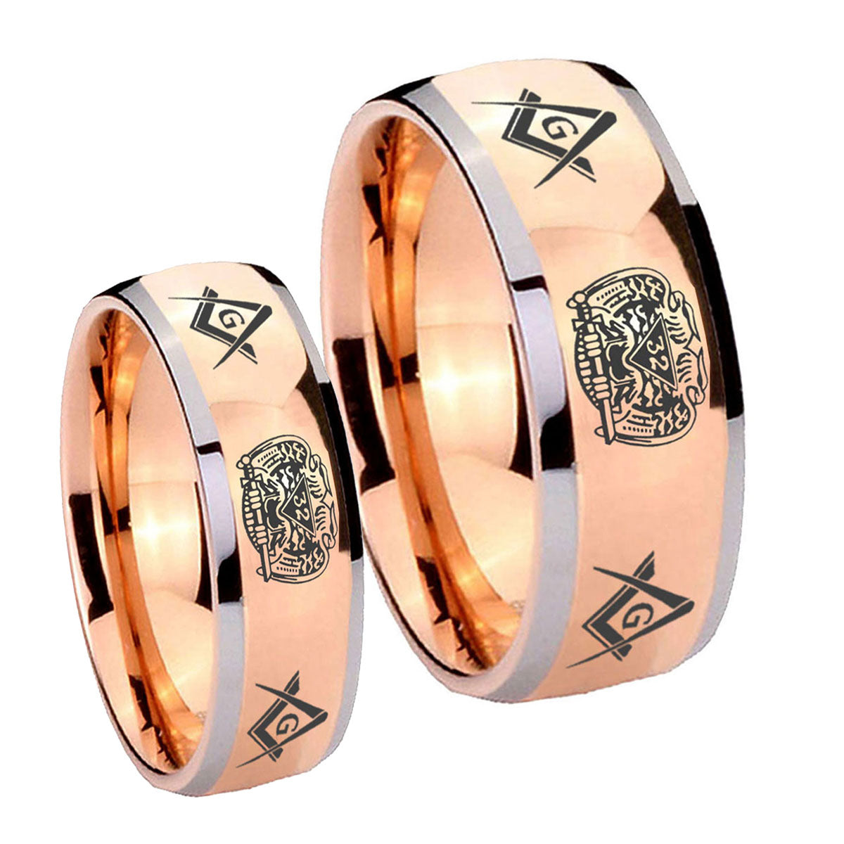 Masonic 32 Design Dome Rose Gold Tungsten Couple Band Set