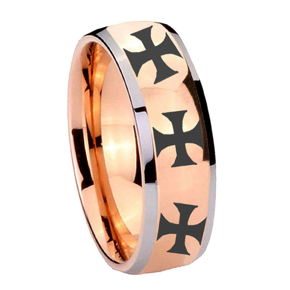 8mm-Multiple-Maltese-Cross-Dome-Rose-Gold-Tungsten-Carbide-Mens-Bands-Ring