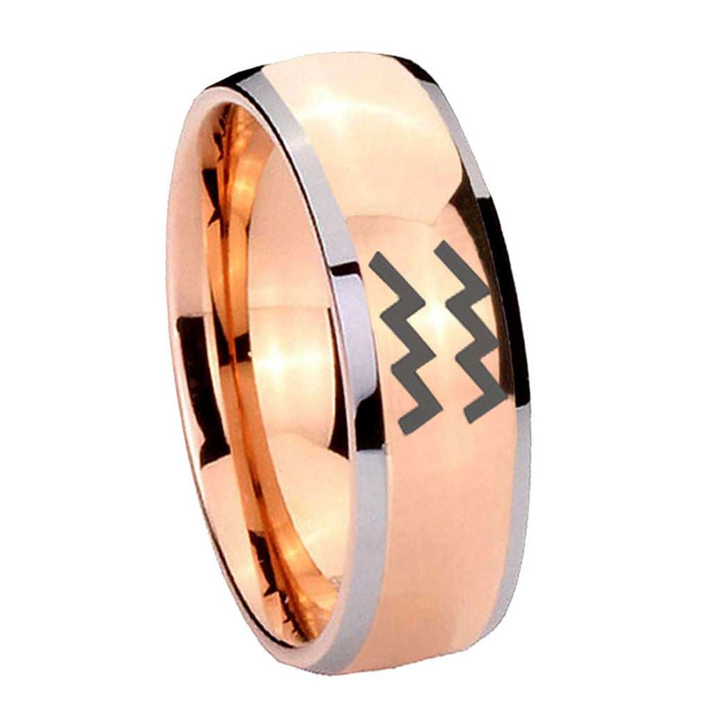 8mm Aquarius Horoscope Dome Rose Gold Tungsten Ring Mens