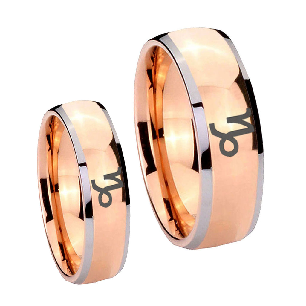 Capricorn Zodiac Dome Rose Gold Tungsten Mens Set Ring