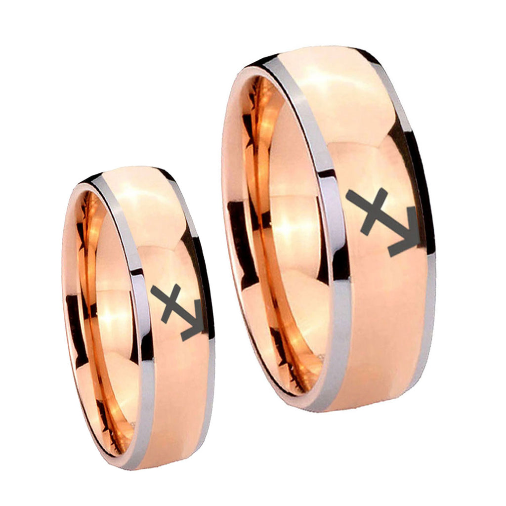 Sagittarius Zodiac Dome Rose Gold Tungsten His Hers Ring Set