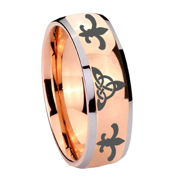 8mm-Celtic-Triangle-Fleur-De-Lis-Dome-Rose-Gold-Tungsten-Mens-Ring-Engraved