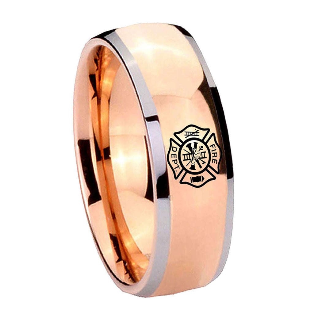 8mm Fire Department Dome Rose Gold Tungsten Men's Bands Ring