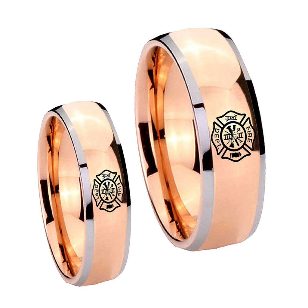 Fire Department Dome Rose Gold Tungsten His Hers Ring Set