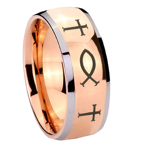 8mm-Fish-&-Cross-Dome-Rose-Gold-Tungsten-Carbide-Mens-Ring-Engraved