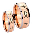 Fish & Cross Dome Rose Gold Tungsten Wedding Set Rings
