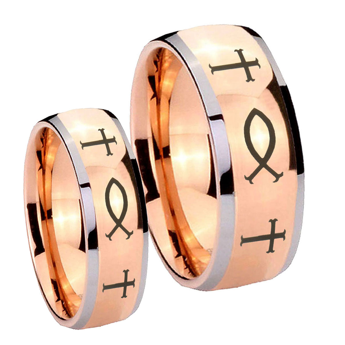 Fish & Cross Dome Rose Gold Tungsten Wedding Set Rings
