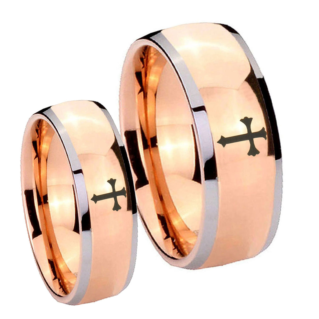 Flat Christian Cross Dome Rose Gold Tungsten Wedding Band Set
