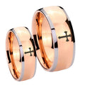 Flat Christian Cross Dome Rose Gold Tungsten Wedding Band Set