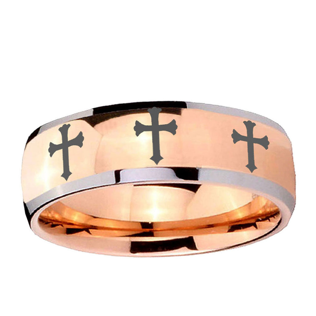5mm Multiple Christian Cross Dome Rose Gold Tungsten Ring