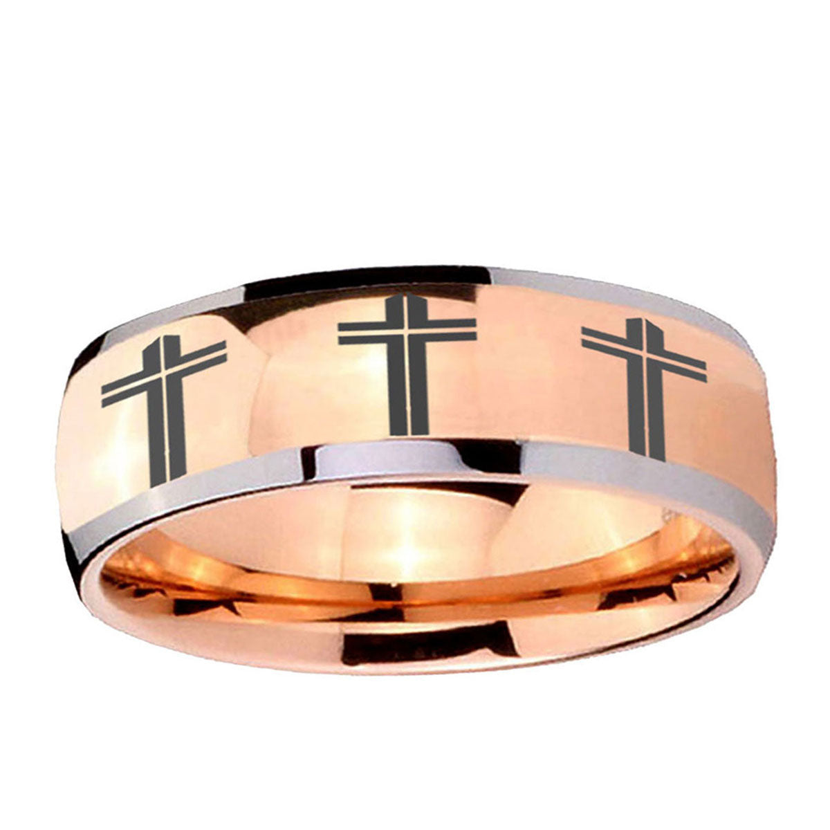 5mm Multiple Christian Cross Dome Rose Gold Tungsten Ring