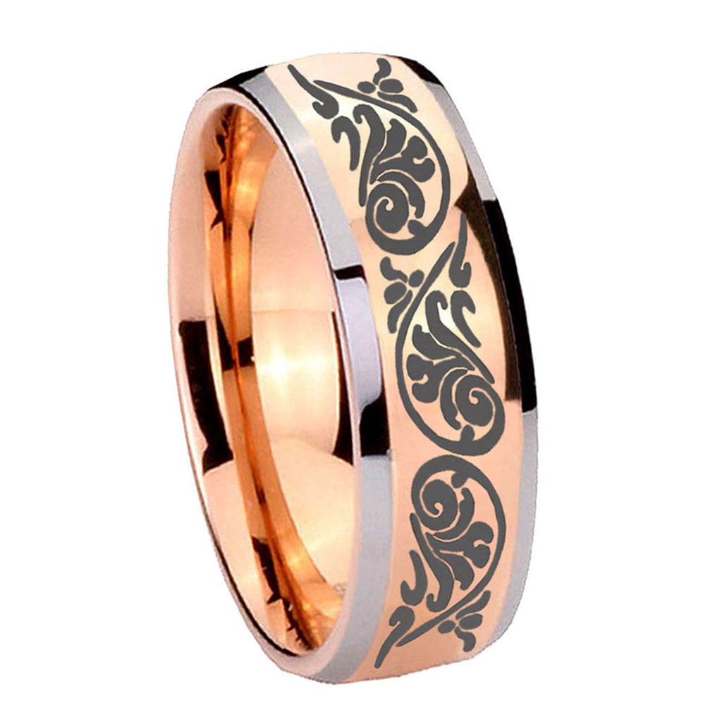 8mm Etched Tribal Pattern Dome Rose Gold Tungsten Band