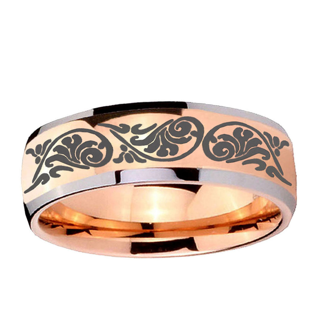 5mm Etched Tribal Pattern Dome Rose Gold Tungsten Band