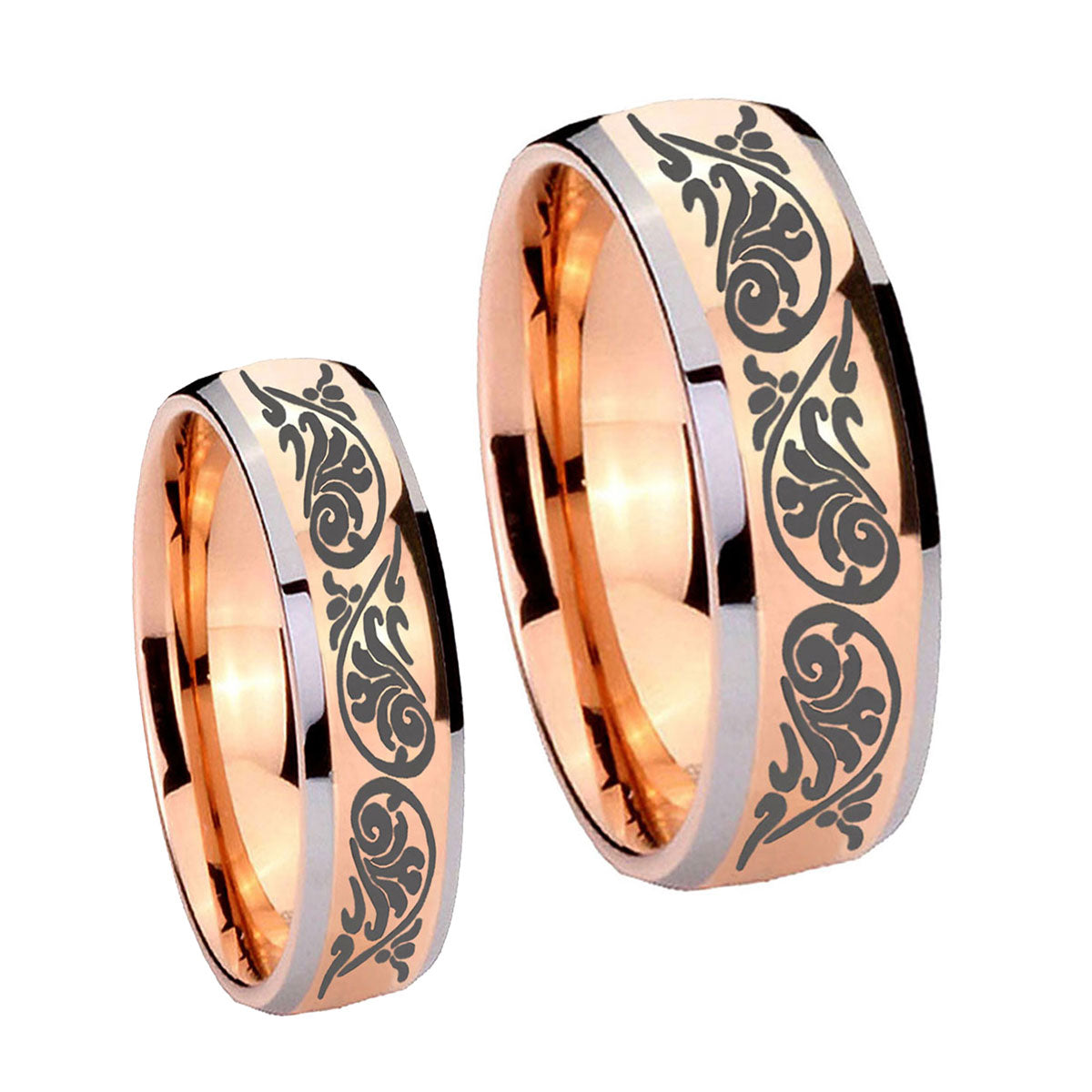 Etched Tribal Pattern Dome Rose Gold Tungsten Mens Set Ring