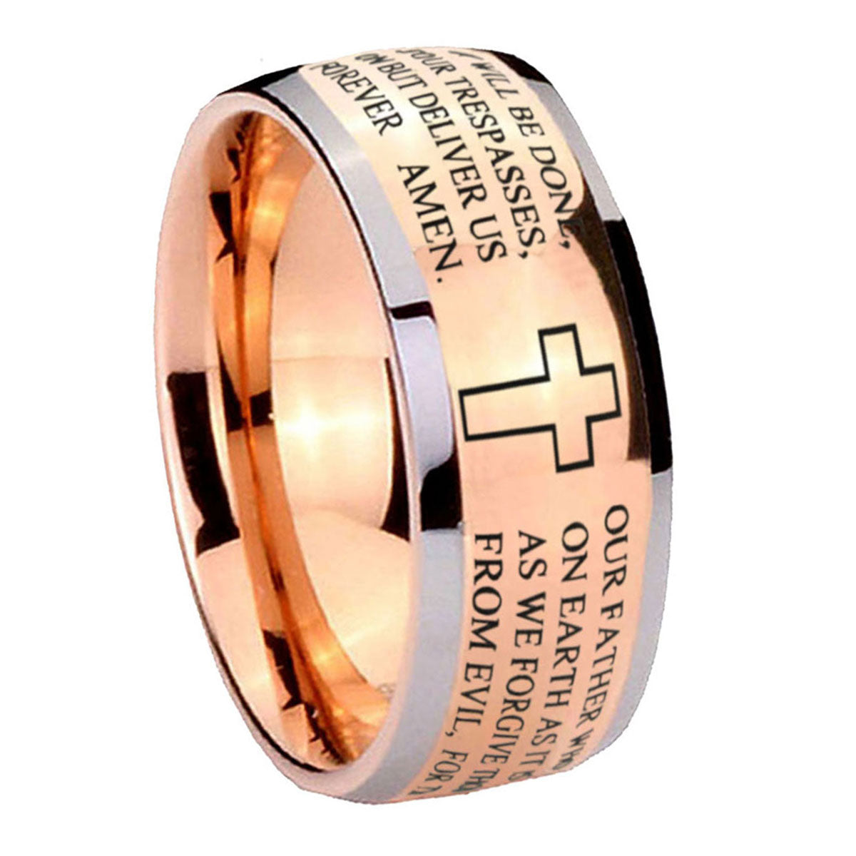 8mm Bible Lord's Prayer Cross Dome Rose Gold Tungsten Ring