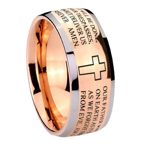 8mm Bible Lord's Prayer Cross Dome Rose Gold Tungsten Ring