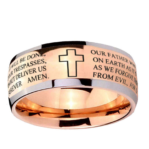5mm Bible Lord's Prayer Cross Dome Rose Gold Tungsten Ring