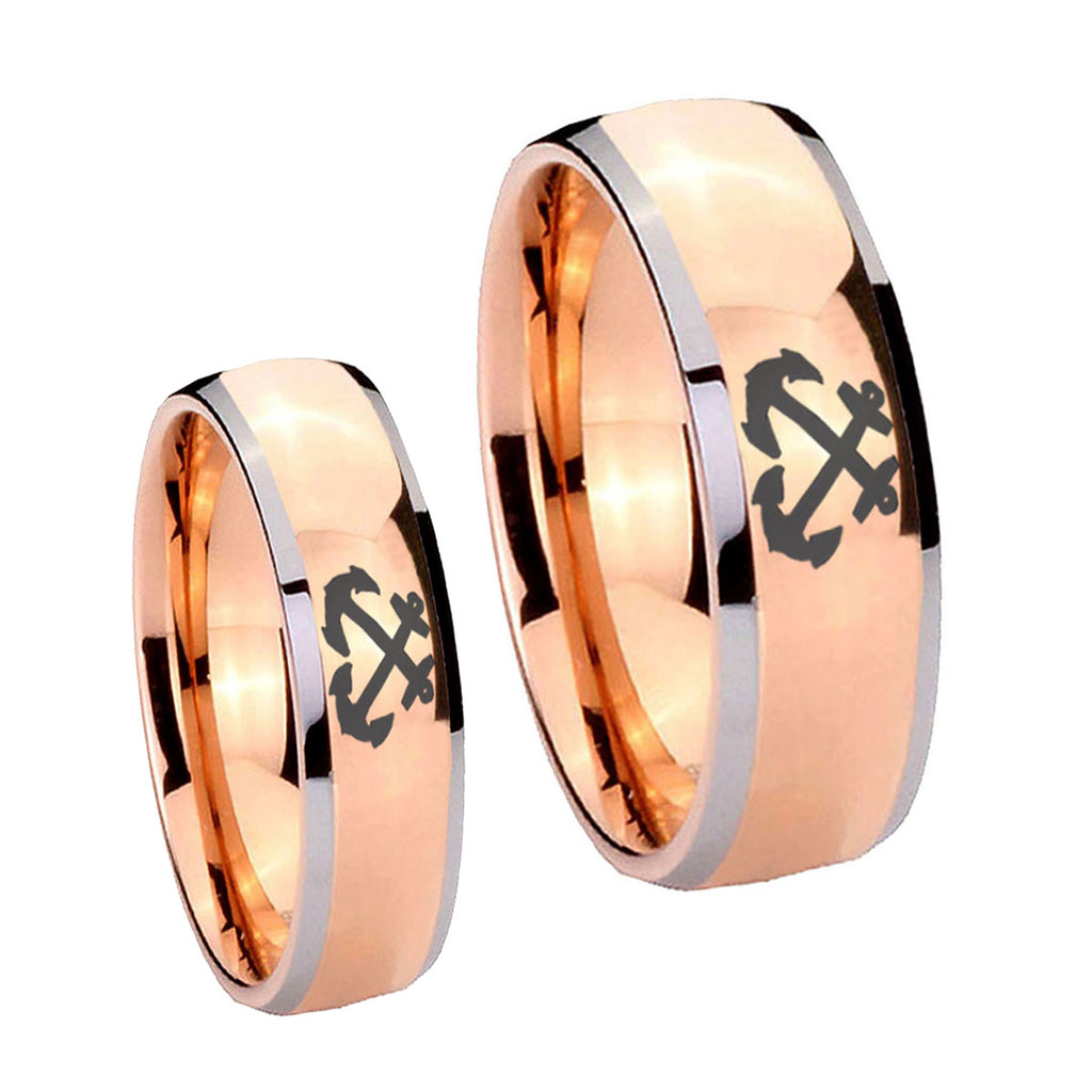 Anchor Dome Rose Gold Tungsten Bridal Ring Sets