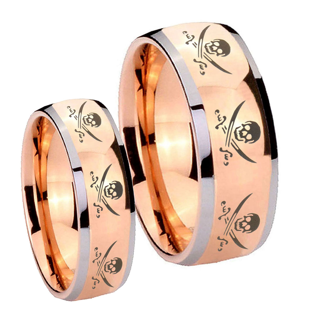Multiple Skull Pirate Dome Rose Gold Tungsten Bridal Set Ring