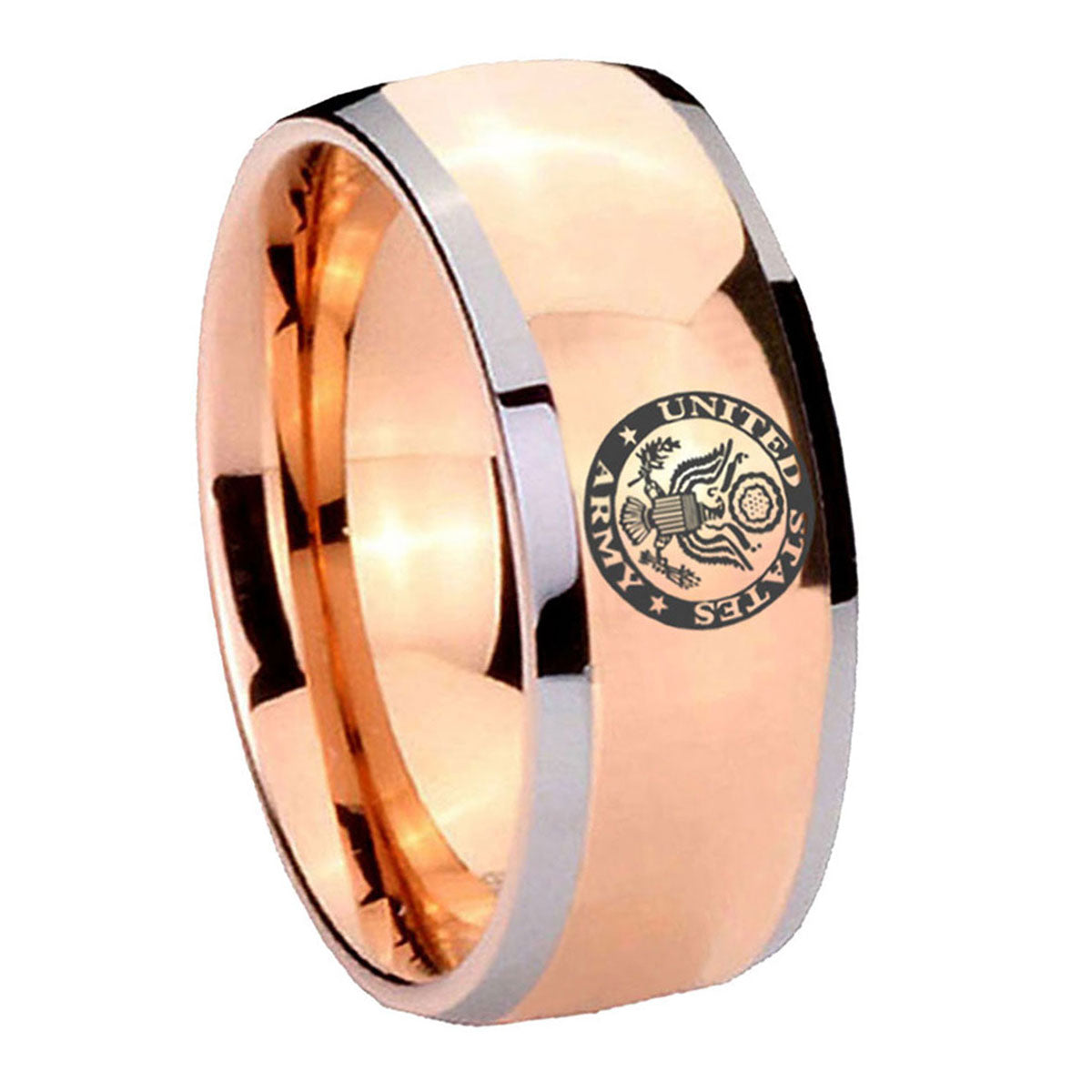 8mm U.S. Army Dome Rose Gold Tungsten Custom Mens Ring