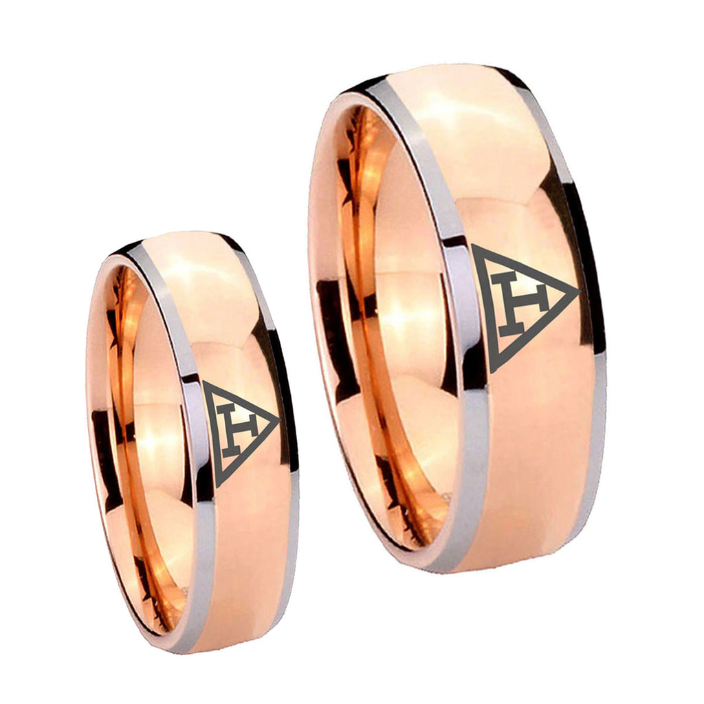 Masonic Triple Dome Rose Gold Tungsten Matching Ring Set