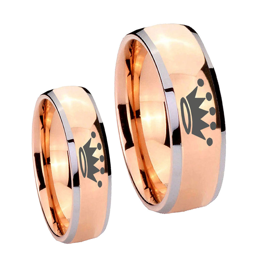 Crown Dome Rose Gold Tungsten Wedding Set Ring