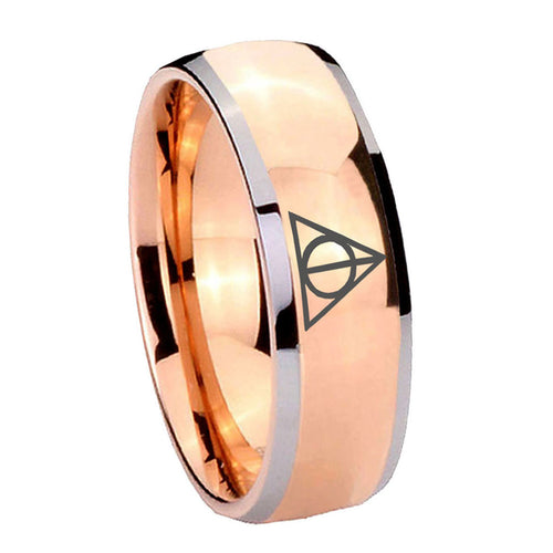 8mm Deathly Hallows Dome Rose Gold Tungsten Ring Engraved