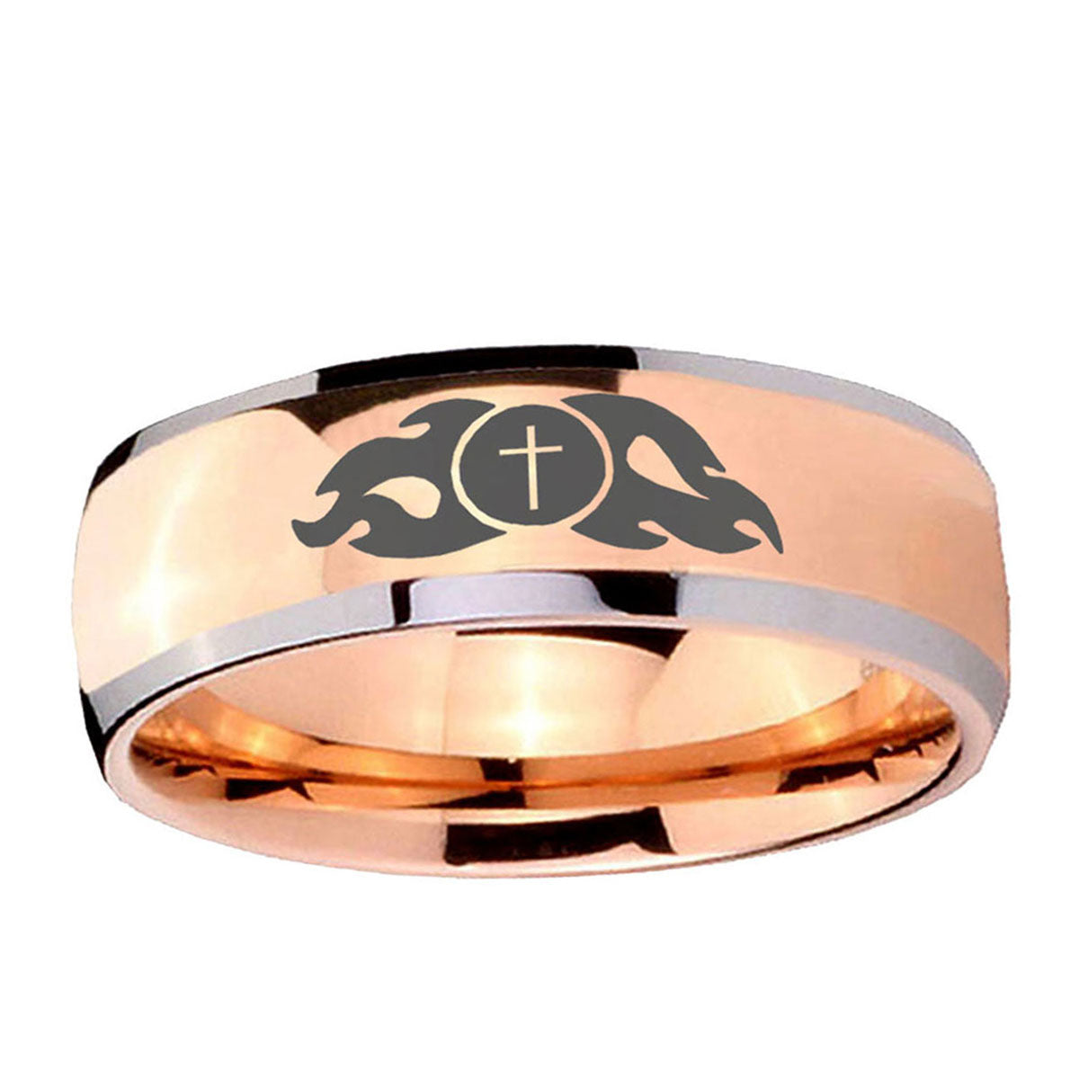 5mm Flamed Cross Dome Rose Gold Tungsten Wedding Band Mens