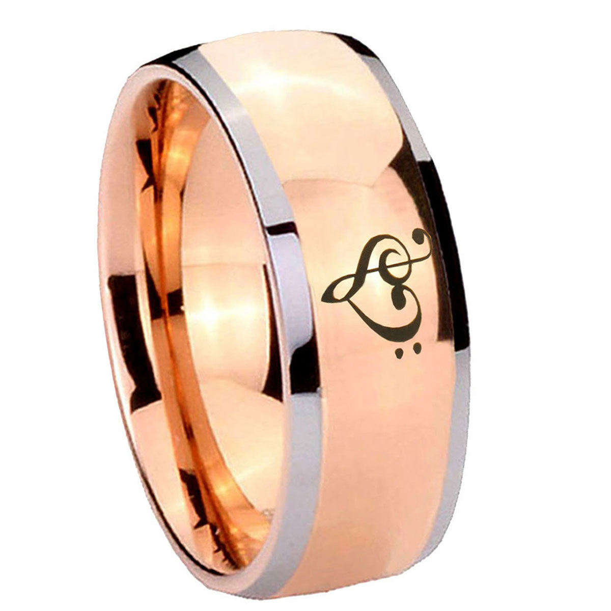 8mm Music & Heart Dome Rose Gold Tungsten Anniversary Ring