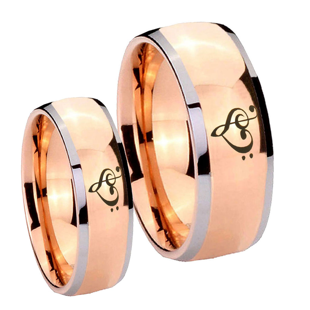 Music & Heart Dome Rose Gold Tungsten Wedding Ring Set