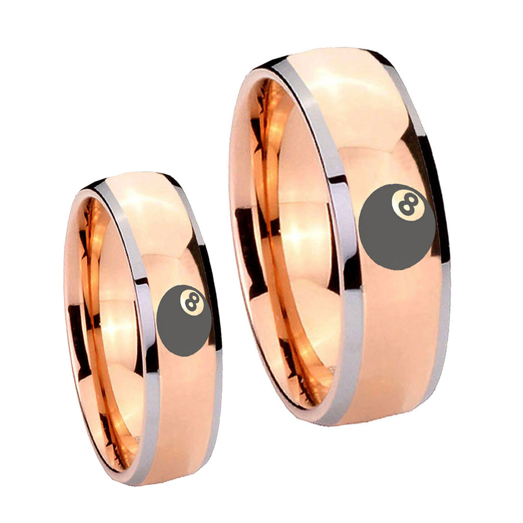 8 Ball Dome Rose Gold Tungsten Wedding Ring Set