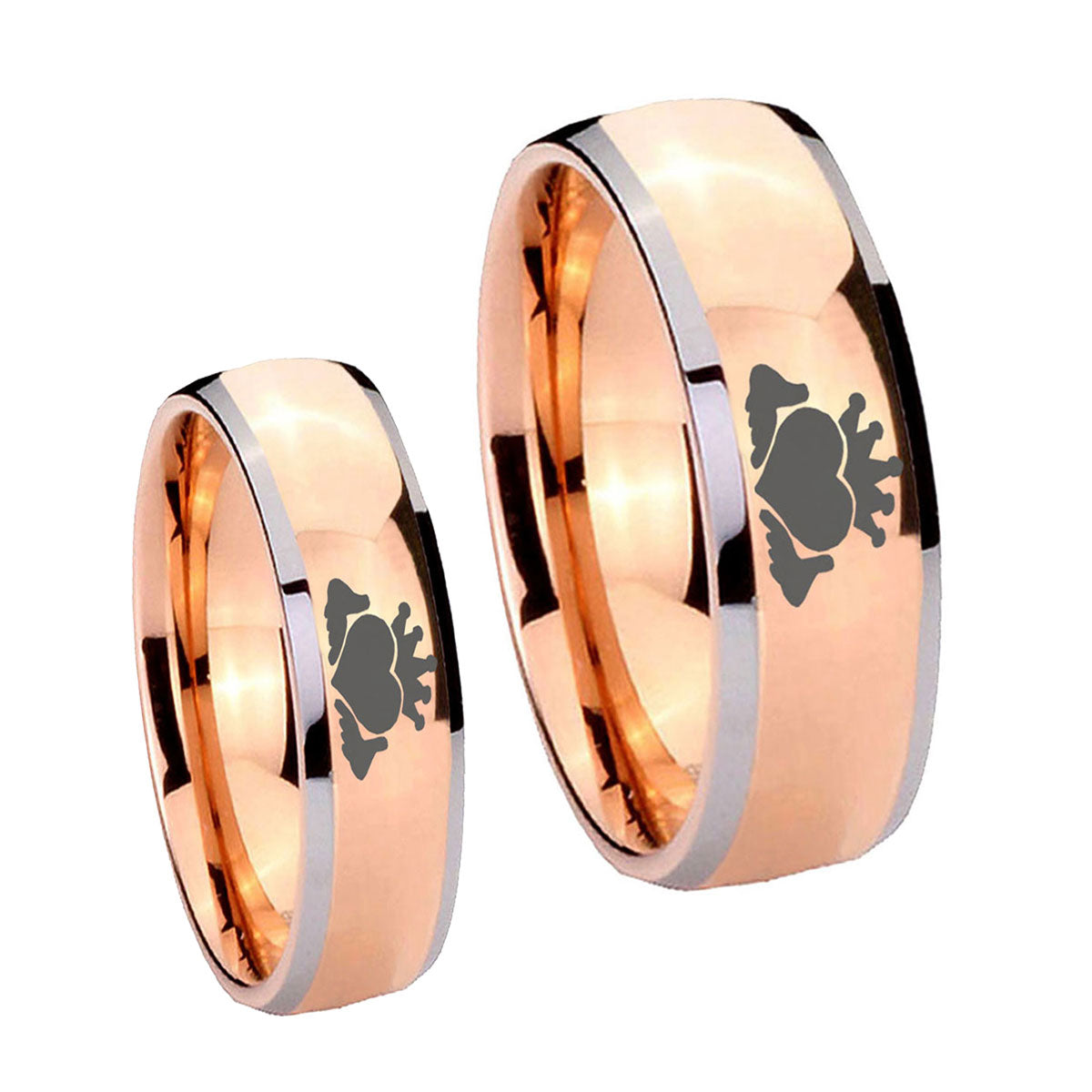 Claddagh Design Dome Rose Gold Tungsten Mens Band Set