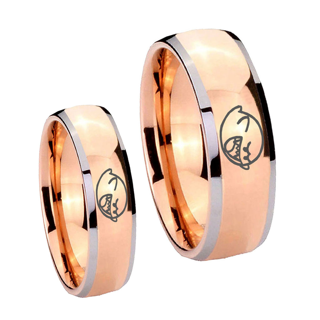 Mario Boo Ghost Dome Rose Gold Tungsten Wedding Ring Set
