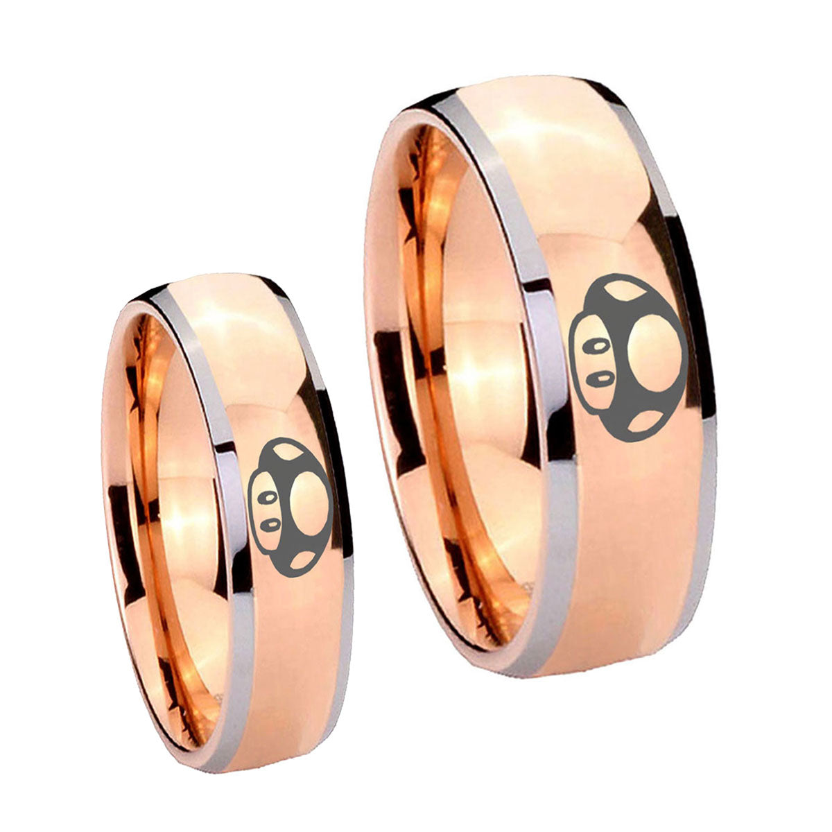 Mario Mushroom Dome Rose Gold Tungsten Bridal Set Rings