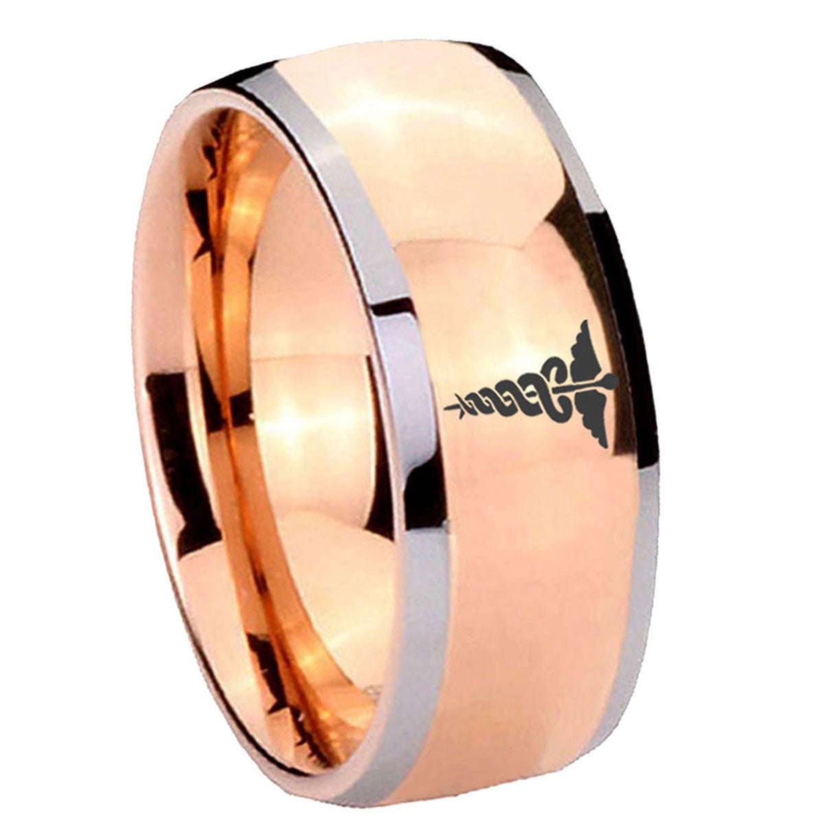 8mm Medical Symbol Dome Rose Gold Tungsten Men's Ring