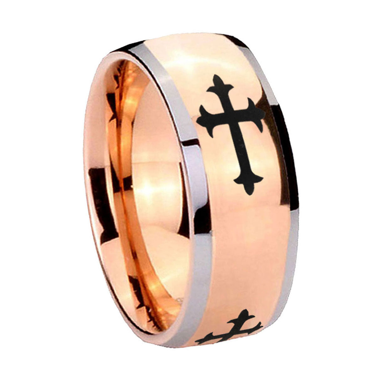 8mm Christian Cross Religious Dome Rose Gold Tungsten Ring