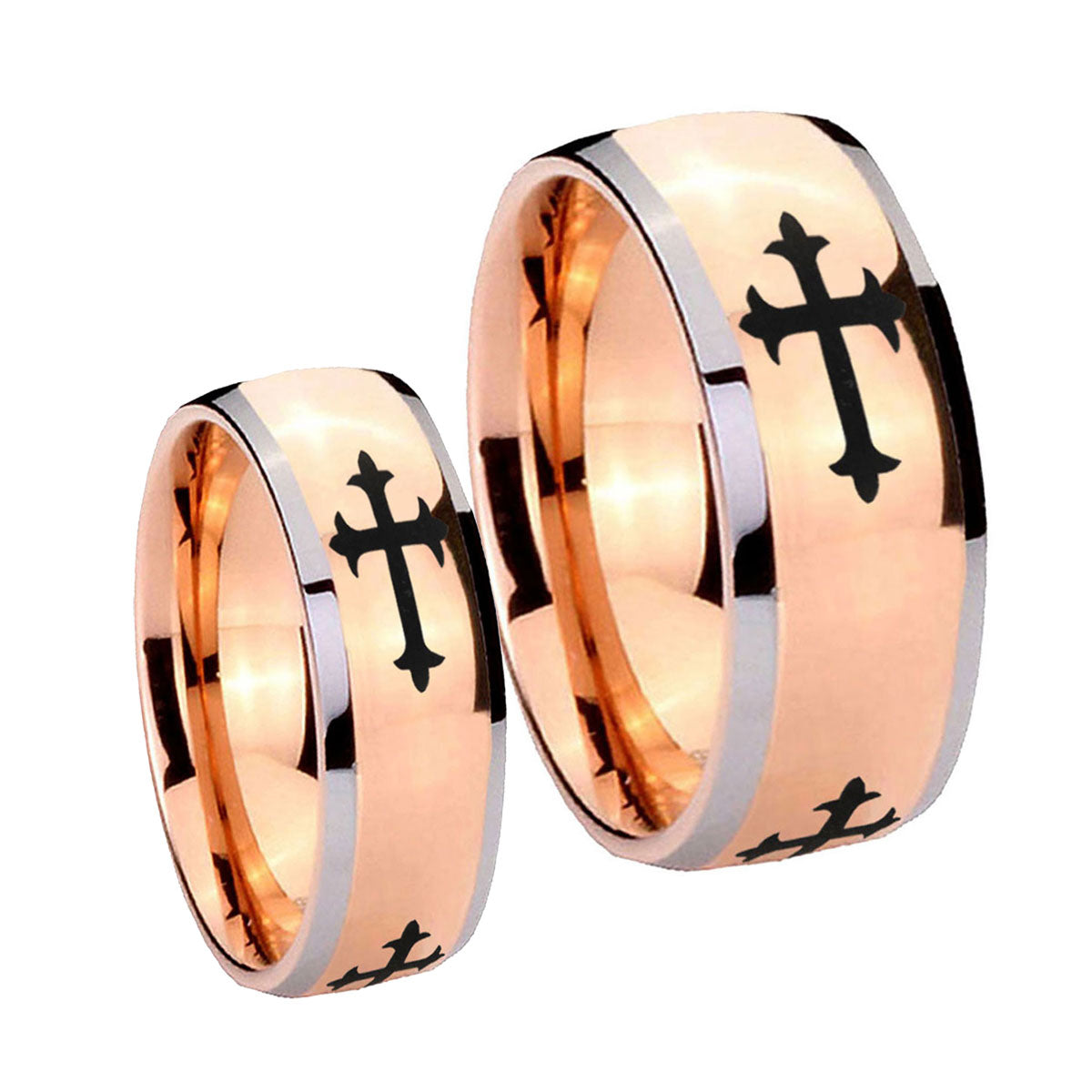 Christian Cross Religious Dome Rose Gold Tungsten Couple Band Set