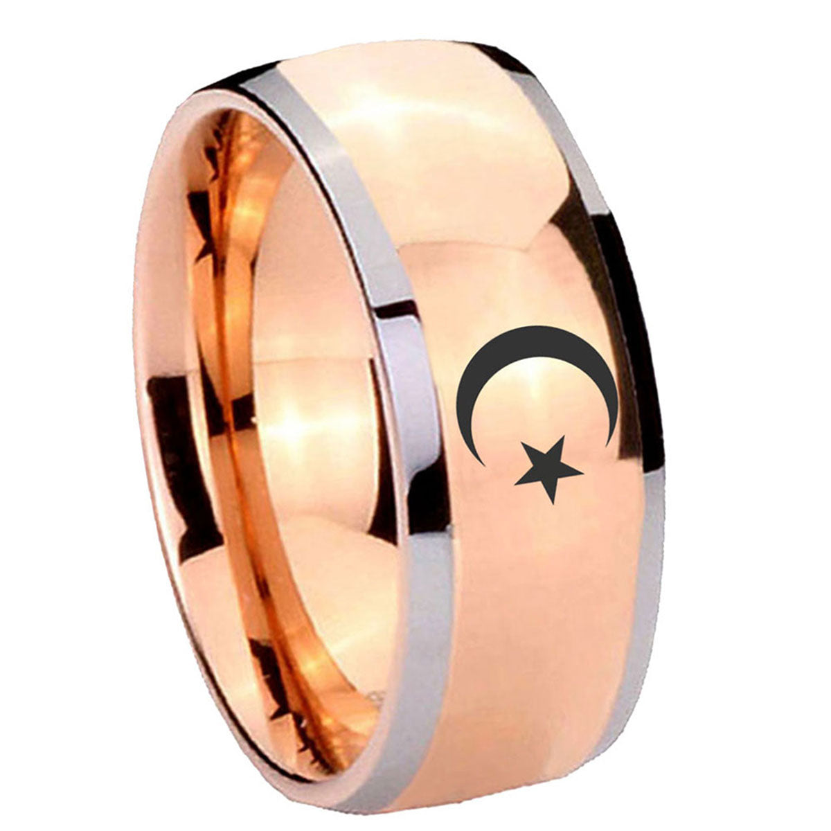 8mm Crescent Moon Stars Dome Rose Gold Tungsten Men's Ring