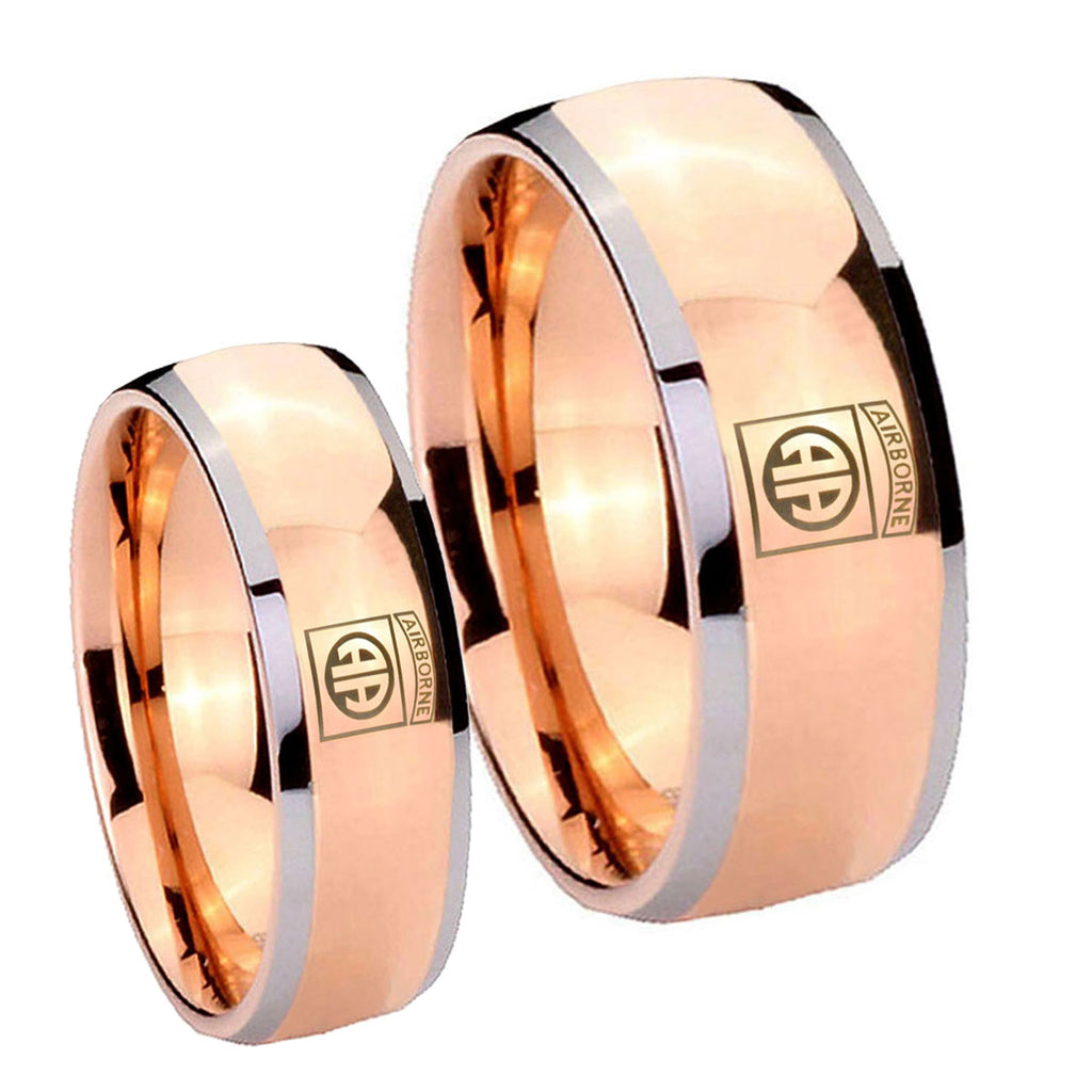 Army Airborn Dome Rose Gold Tungsten Wedding Ring Sets